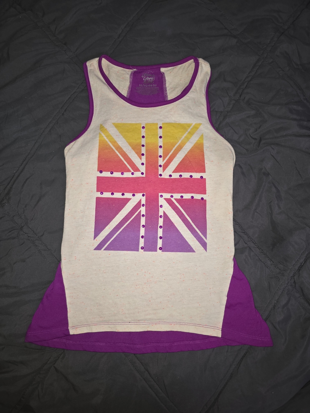 Faded Glory Cream Tank with Yellow-Pink-Purple Gradient Flag